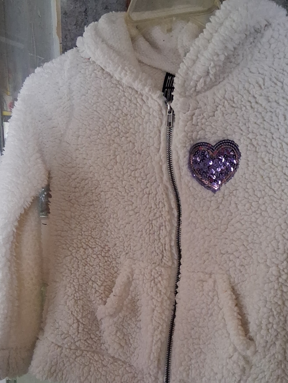 Kids Cream Sherpa Puffer Jacket with Purple Sequin Heart Accent